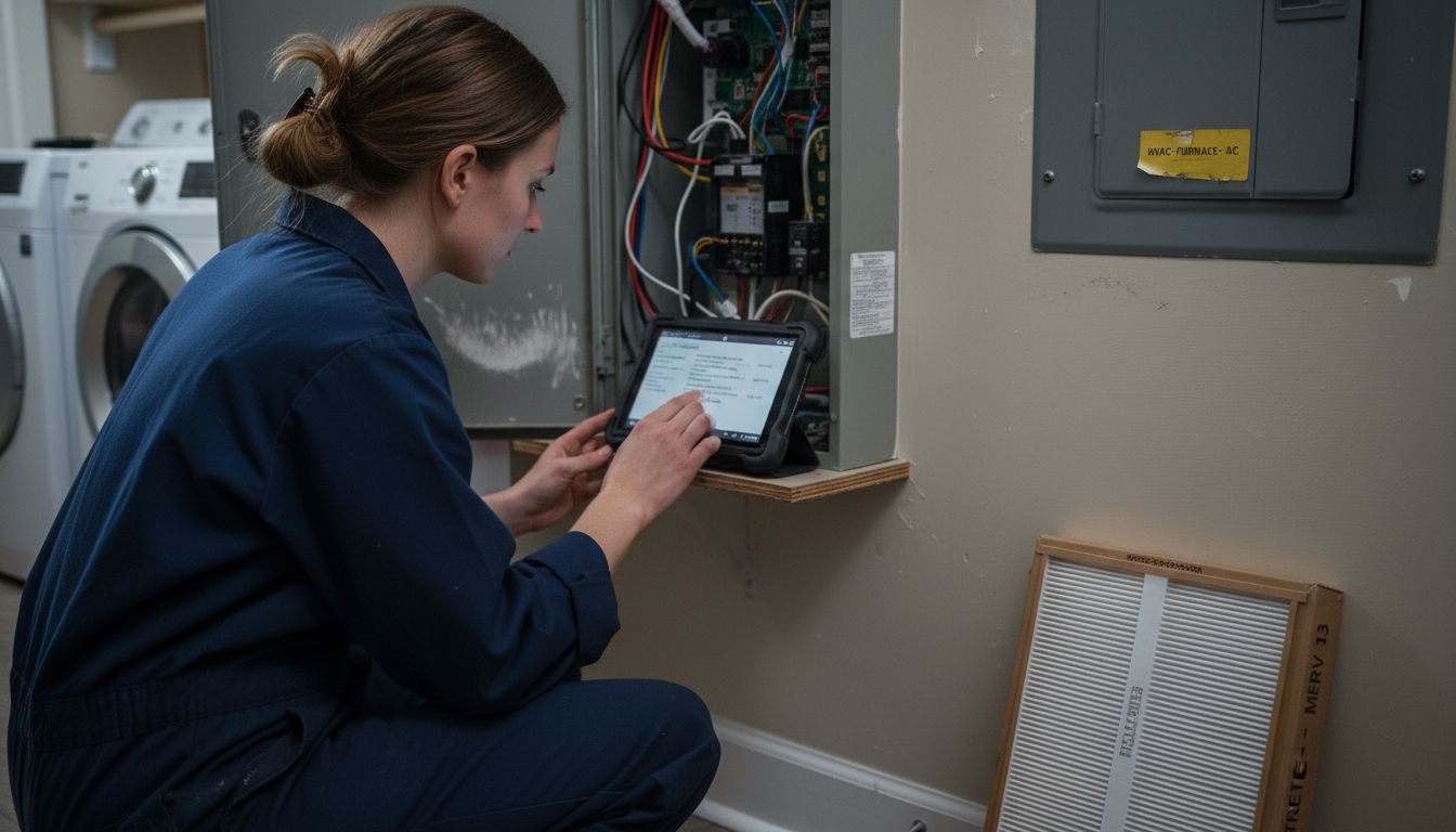 Technician using tablet at HVAC control panel
