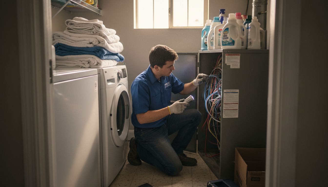 Technician servicing HVAC in laundry room
