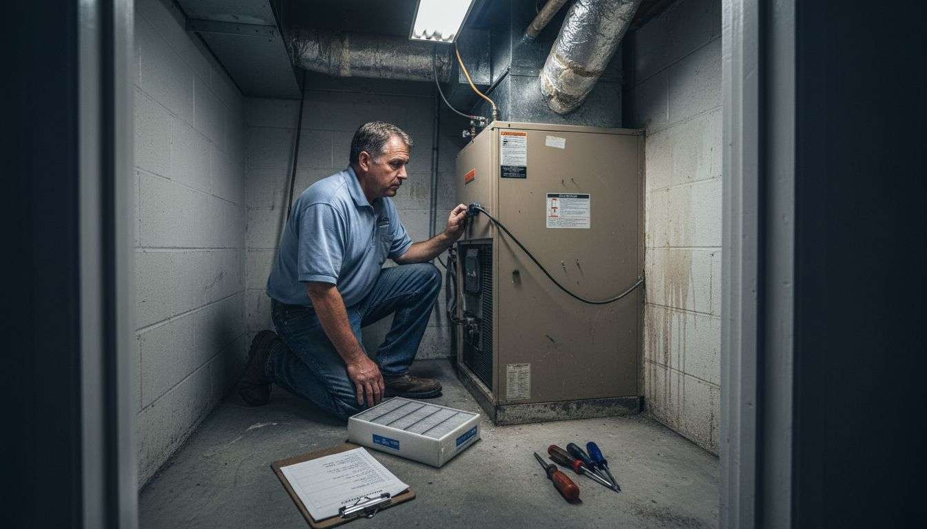 Technician inspecting HVAC system components