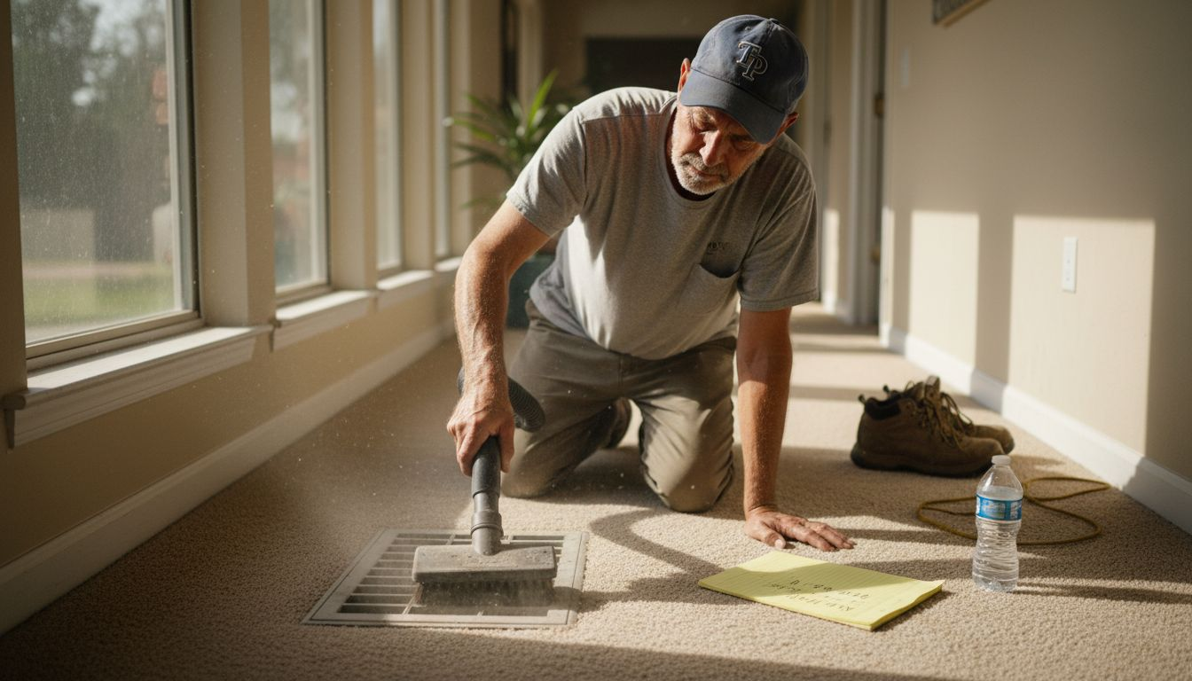 Man vacuuming dusty air vent in hallway