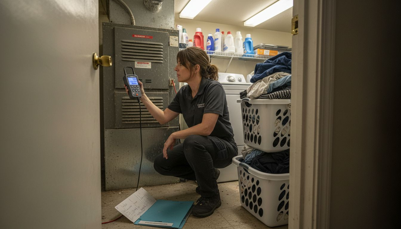 Auditor using airflow meter during HVAC diagnostic