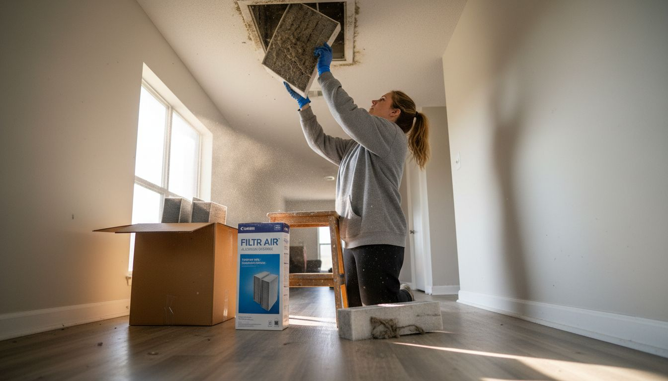 Woman removing dusty AC air filter