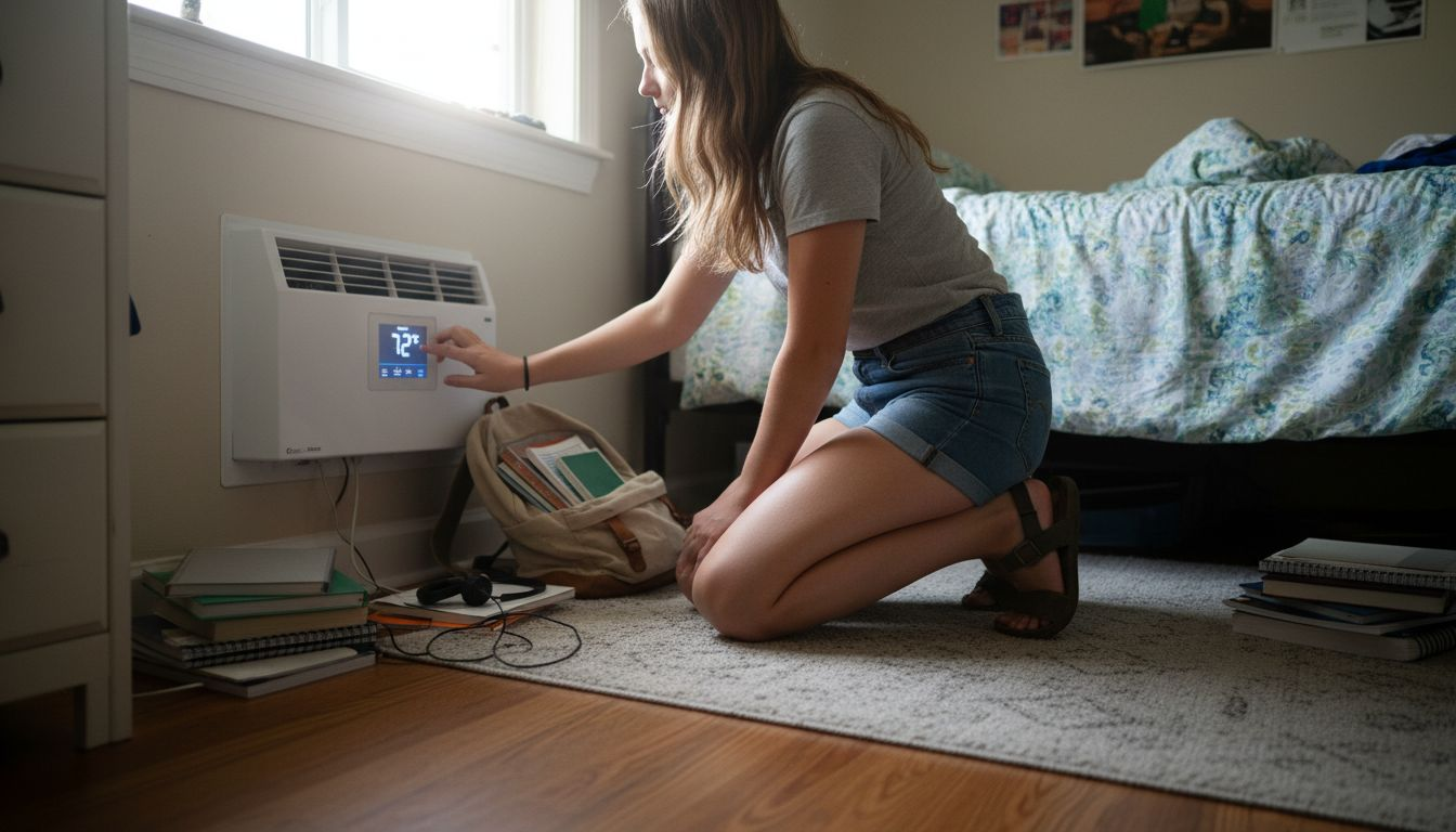 Teen setting HVAC vent control in bedroom