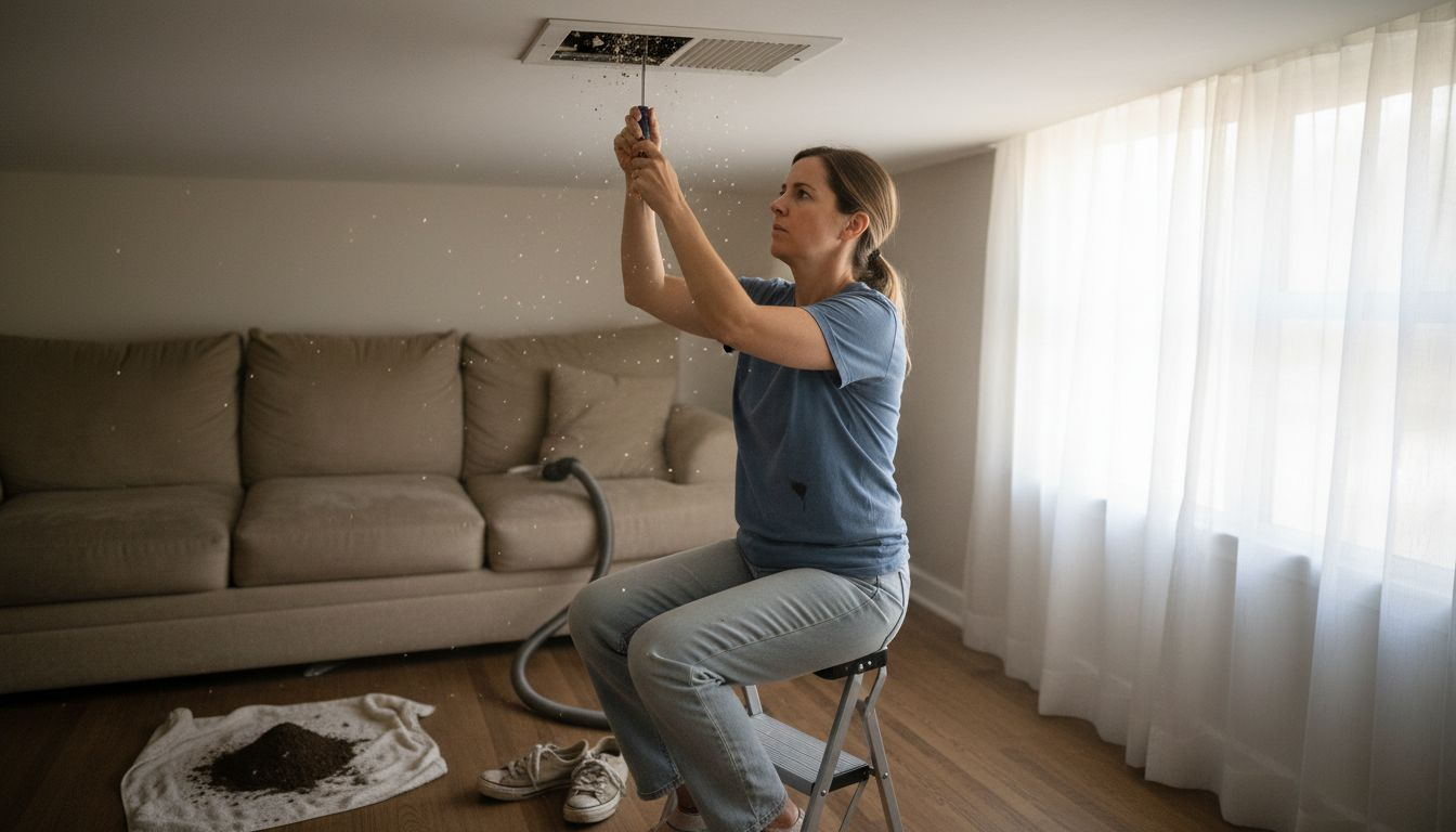 Woman cleaning dusty HVAC vent cover