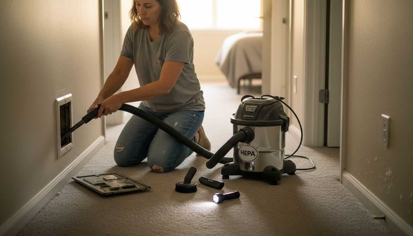 Woman vacuuming inside hallway air duct