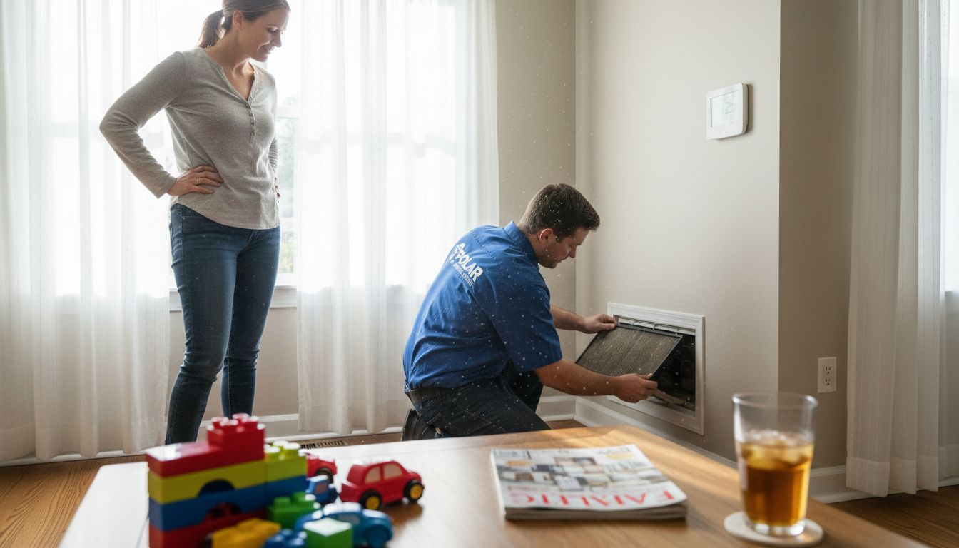 Technician changing filter during spring HVAC check