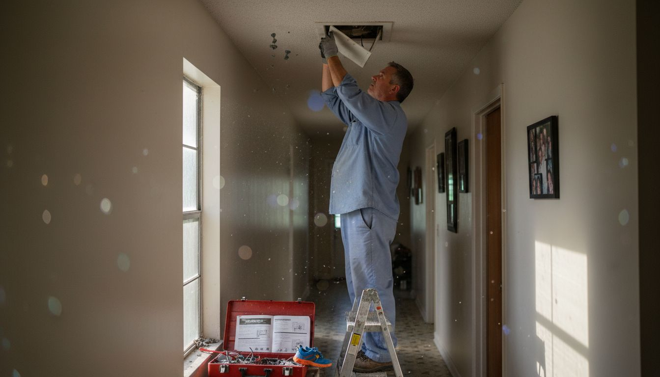 Technician cleaning air duct vent in hallway