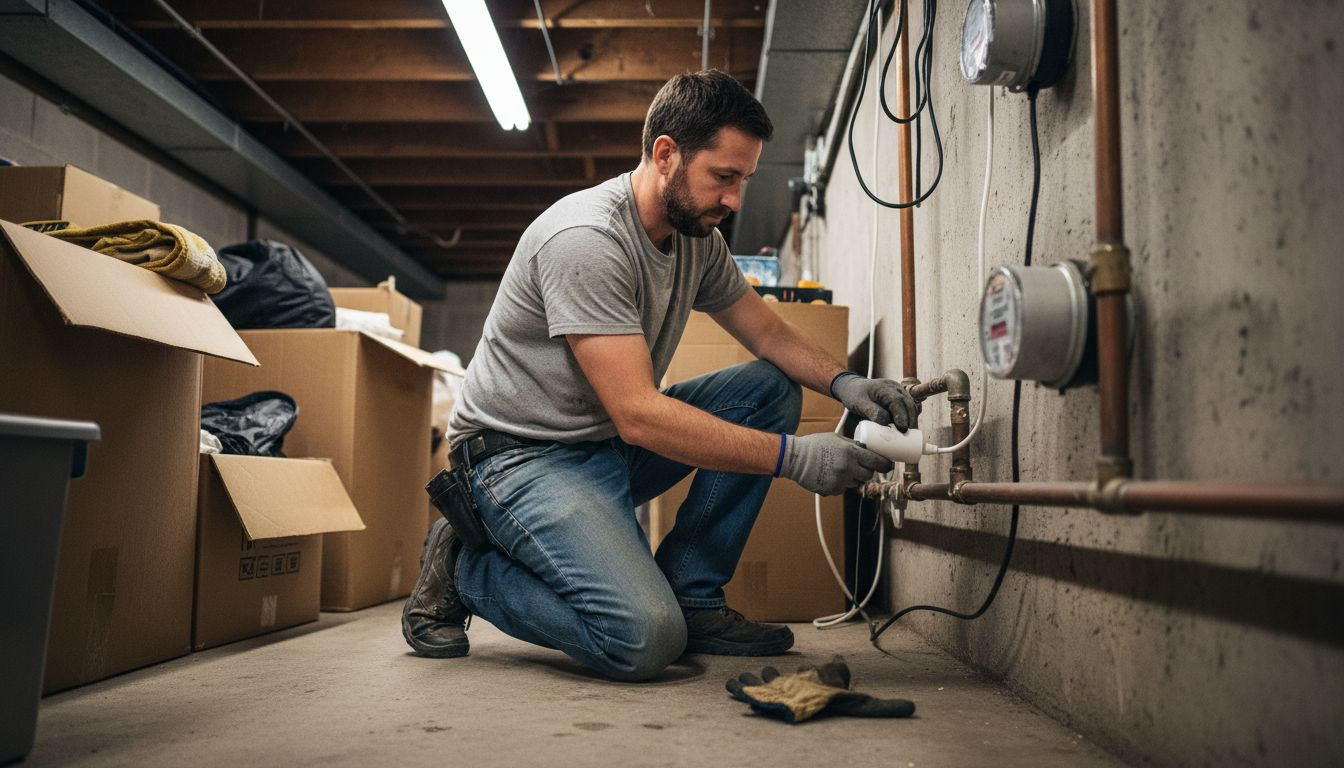 Plumber installing smart water sensor in basement