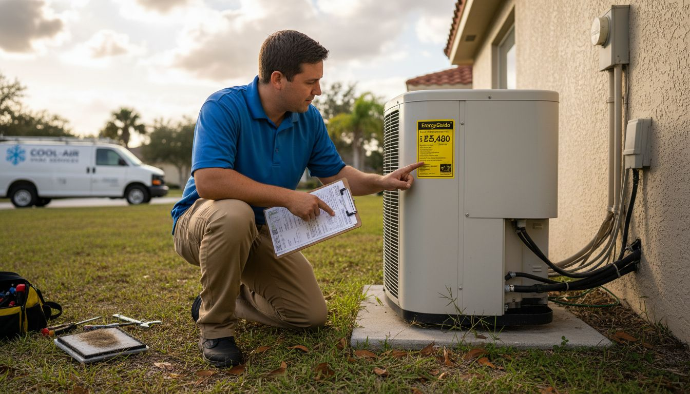 Technician checking HVAC EnergyGuide label