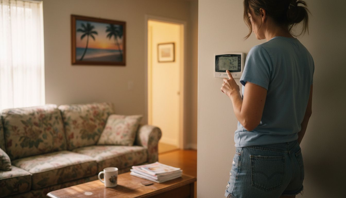 Person switching off home digital thermostat