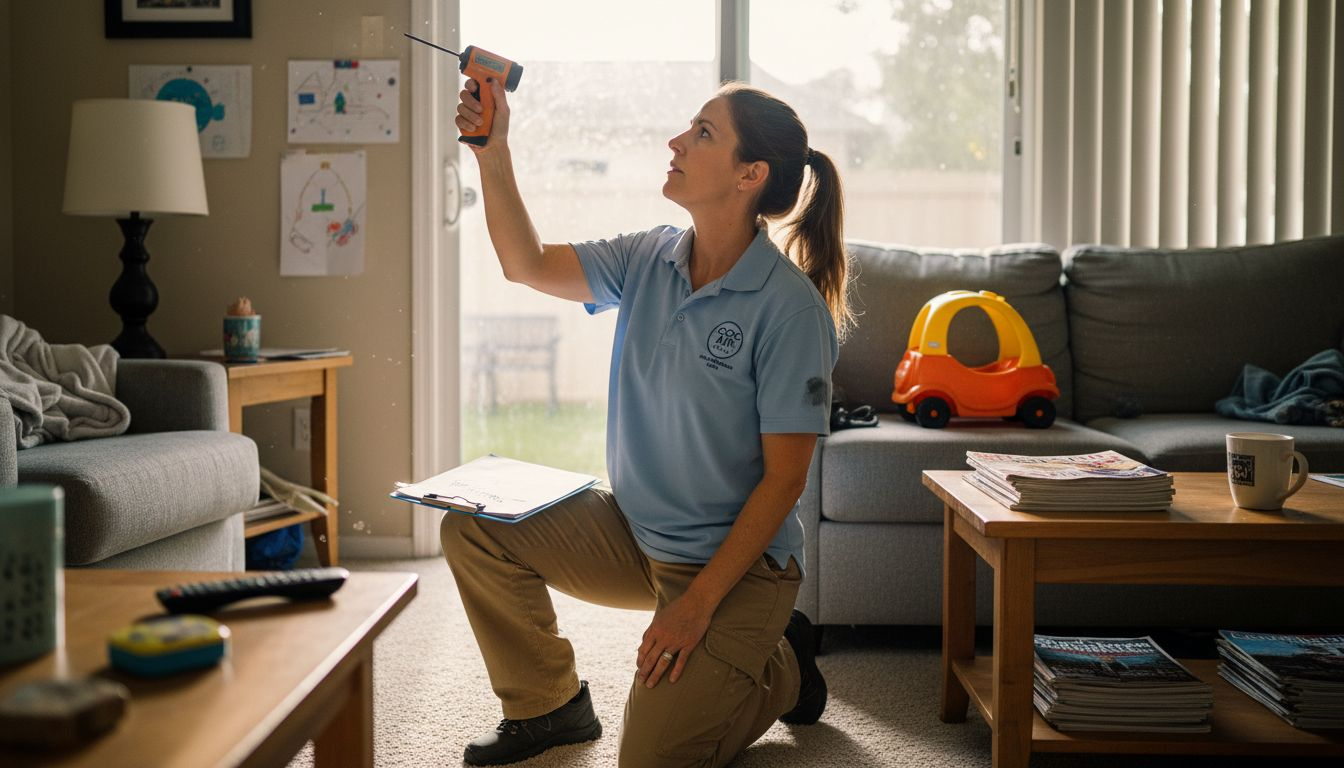 Technician checking indoor AC airflow in home
