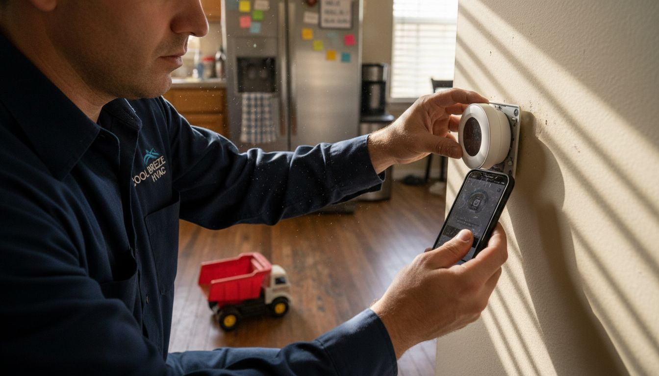 Technician installing smart thermostat indoors