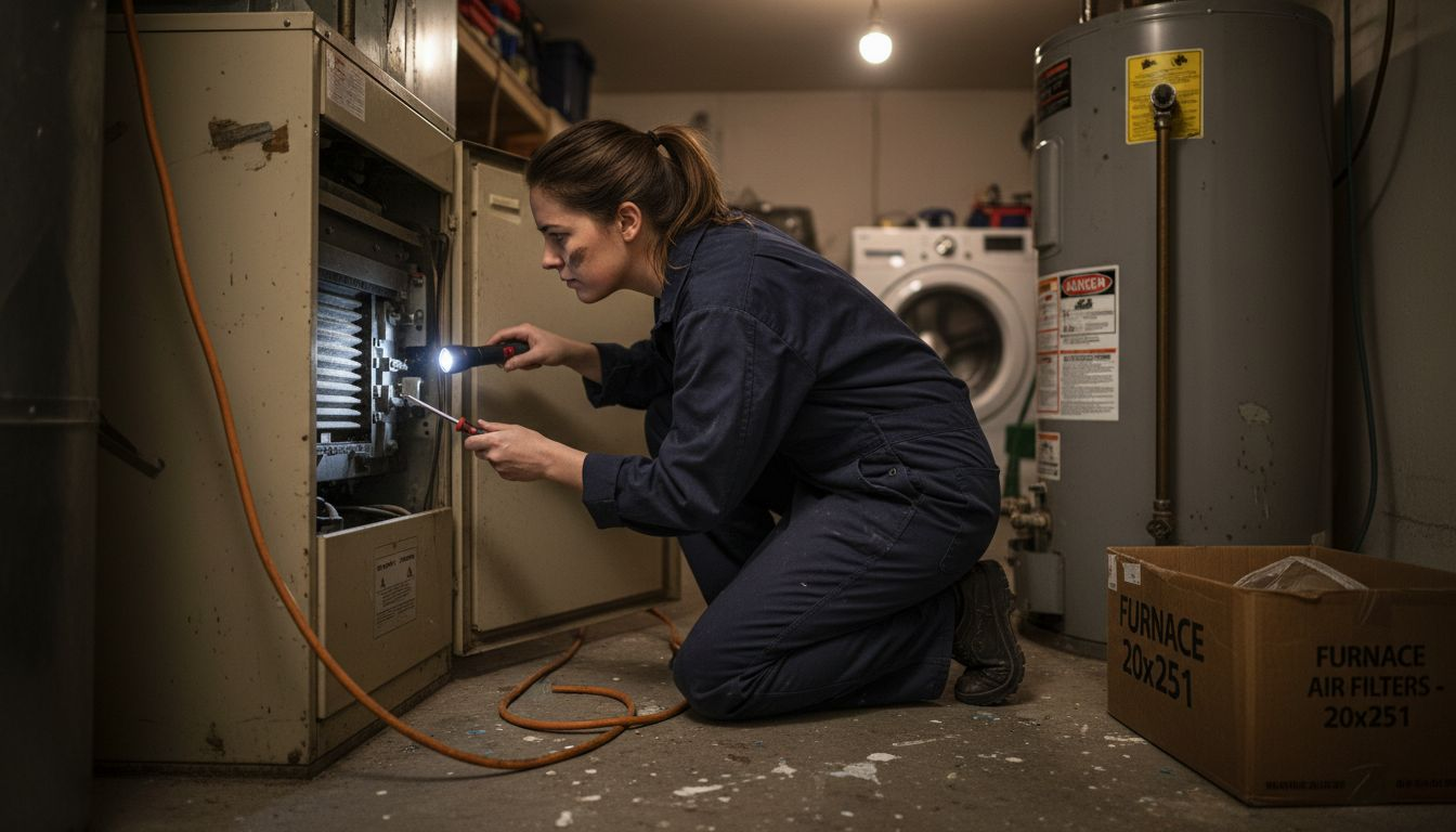 Technician inspecting forced air furnace system