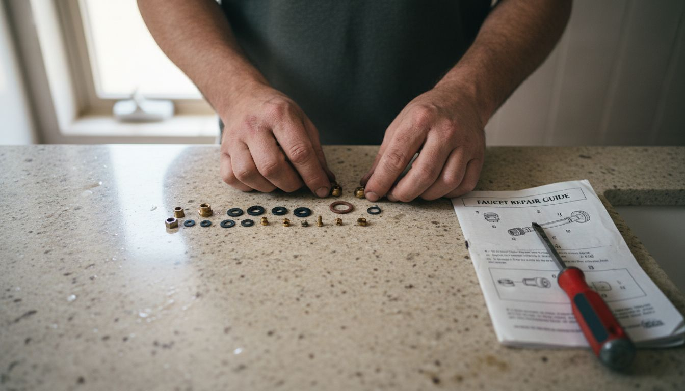 Faucet repair parts spread on bathroom counter