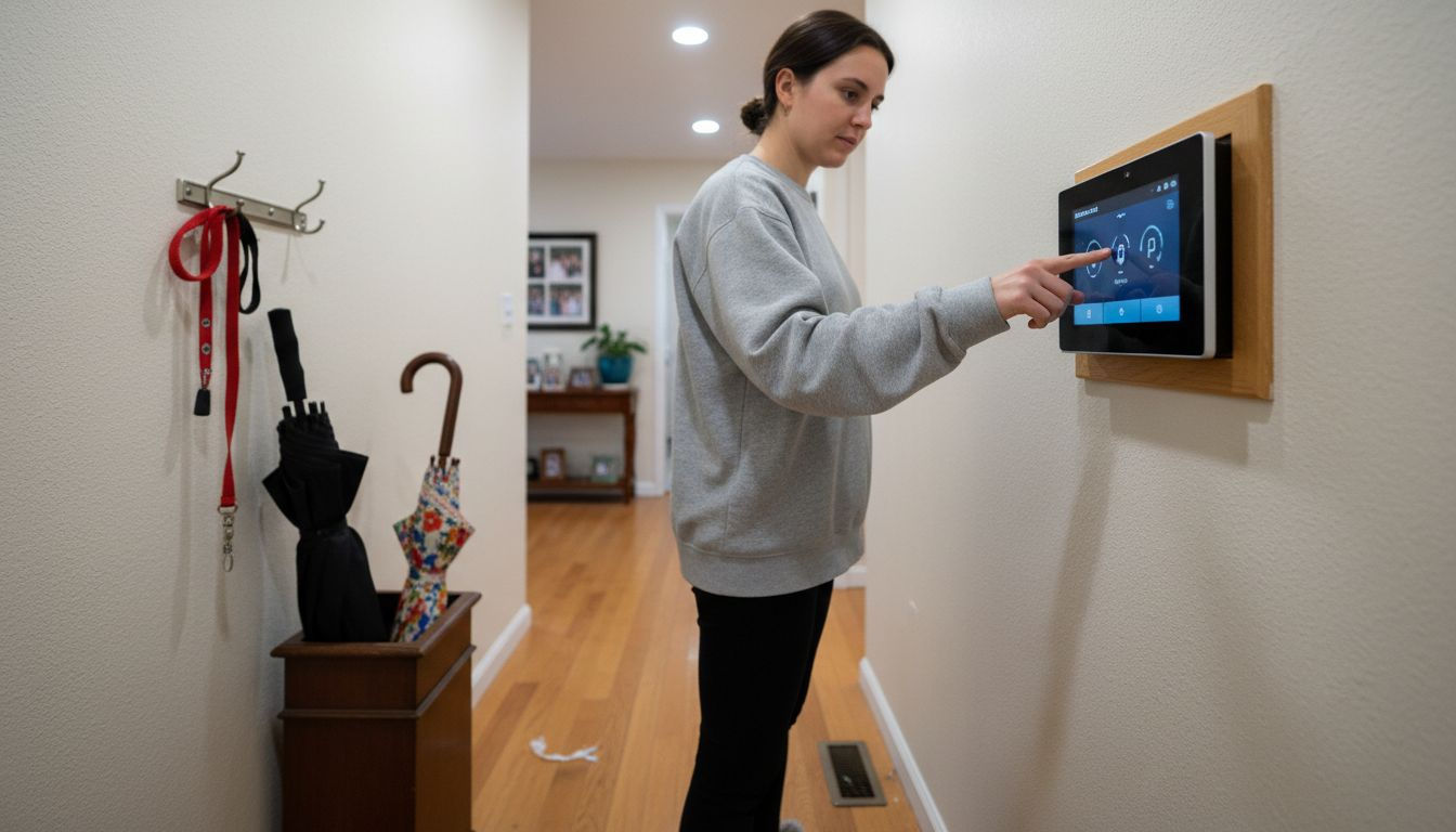 Woman using smart thermostat in hallway