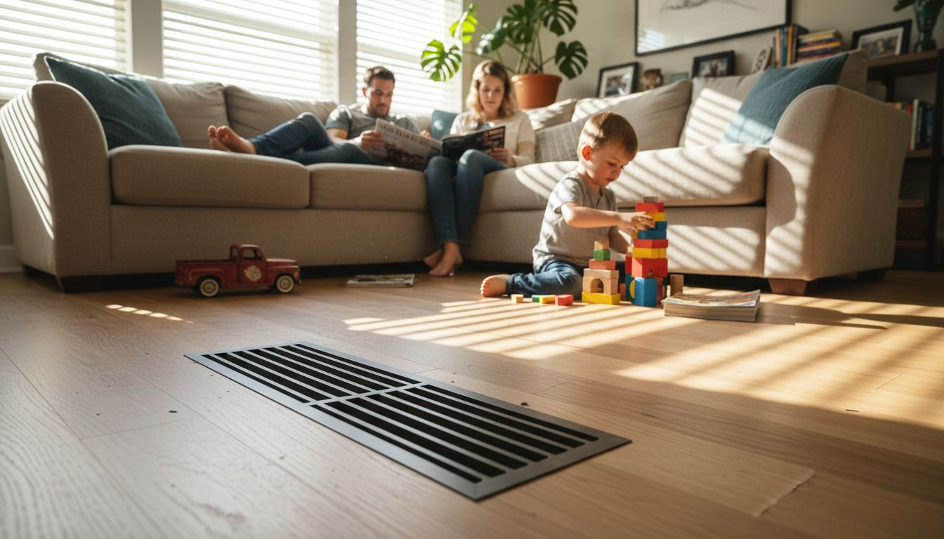 Family enjoying radiant heated living room