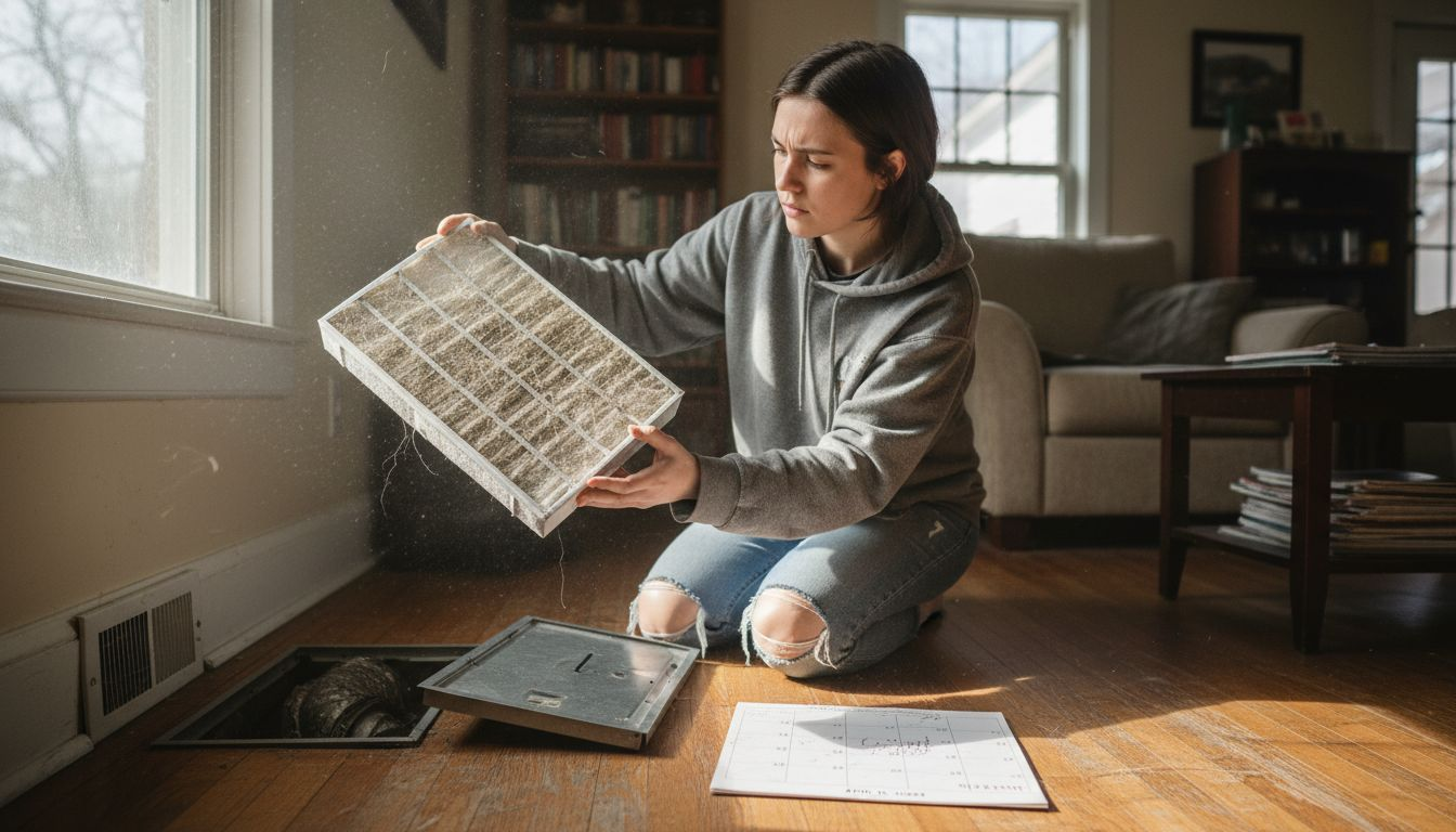 Homeowner checking dirty air filter from vent