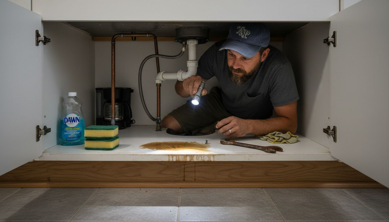 Homeowner checking kitchen sink for hidden pipe leaks