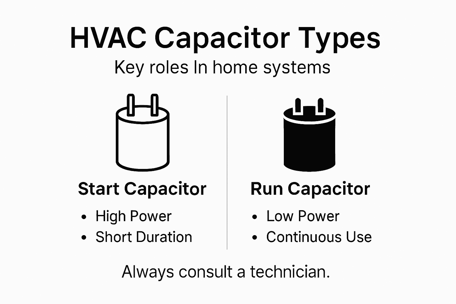 Infographic comparing HVAC capacitor types and roles