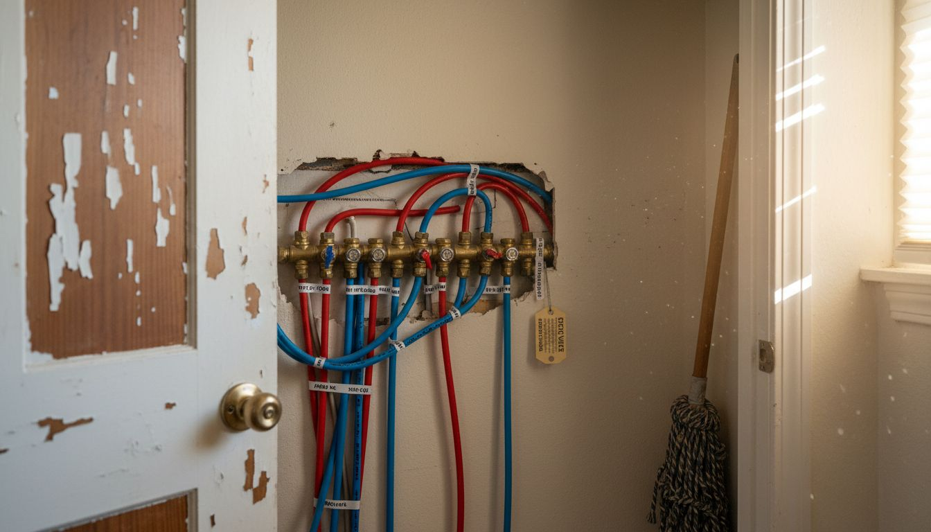 Plumbing manifold with labeled water lines in closet
