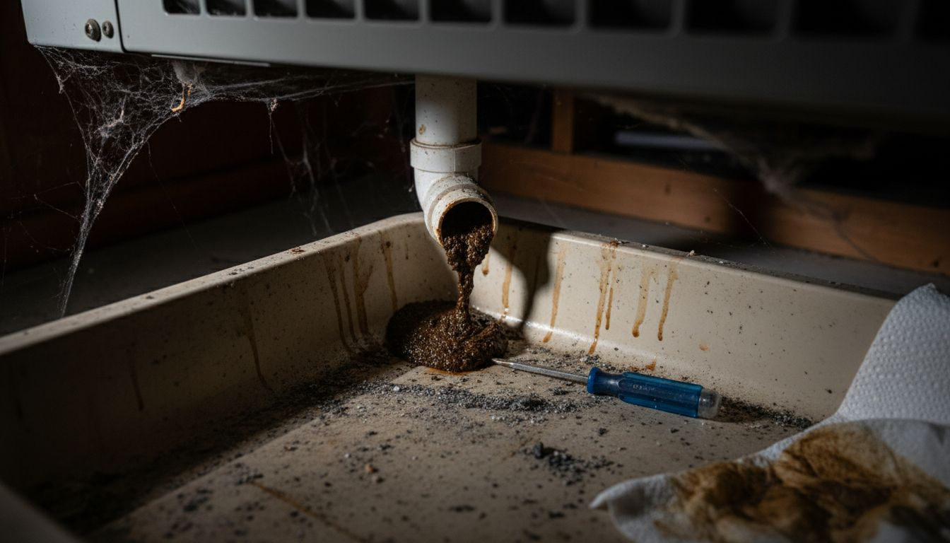 AC drain line sludge buildup closeup