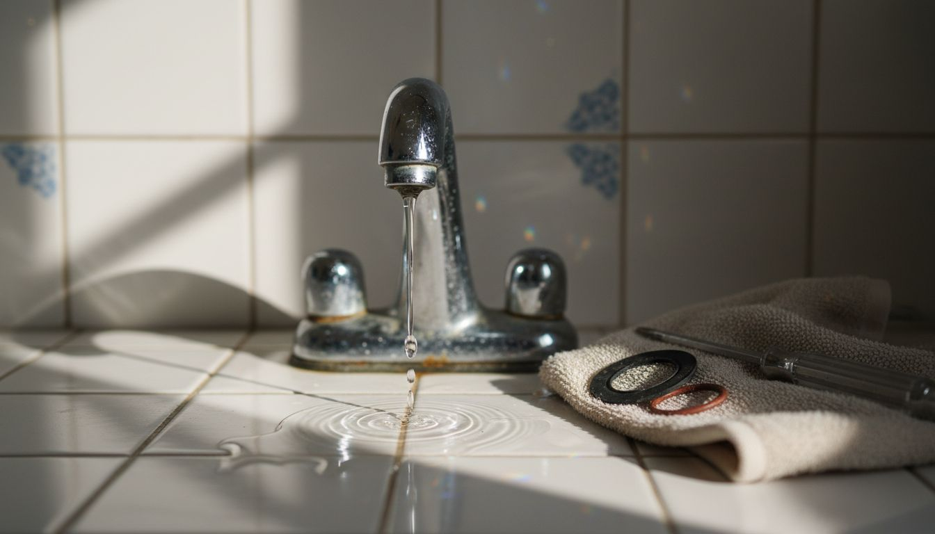 Close-up view of faucet leaking and parts