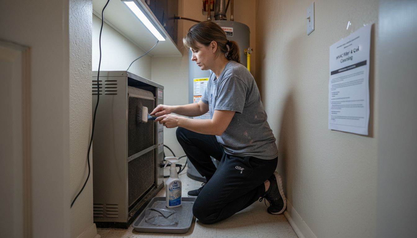Homeowner cleaning indoor AC coil
