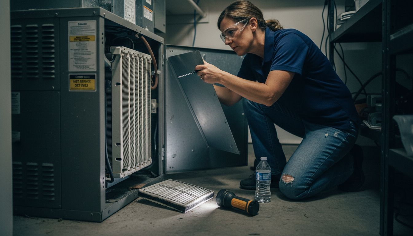 Technician examining interior evaporator coil