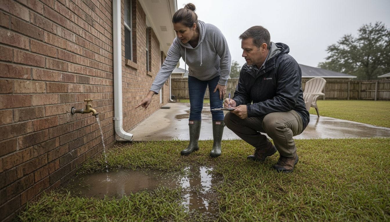 Homeowner with plumber inspecting wet outdoor spigot