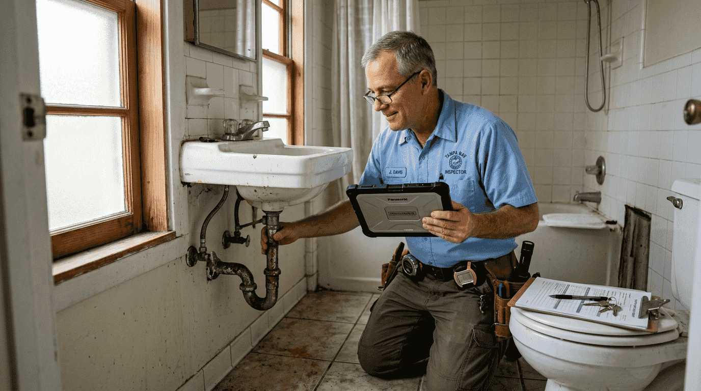 City inspector checking bathroom pipes Tampa Bay