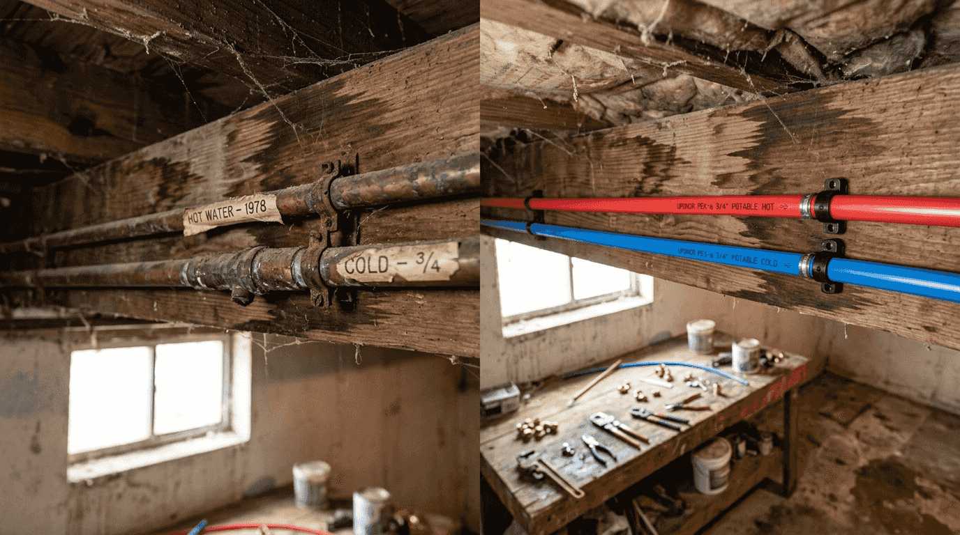 Copper and PEX pipes contrasted in old home