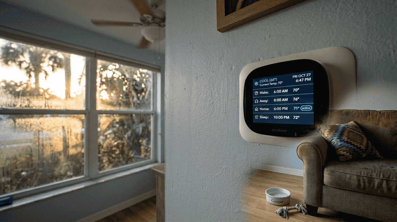 Smart thermostat with cooling schedule in living room