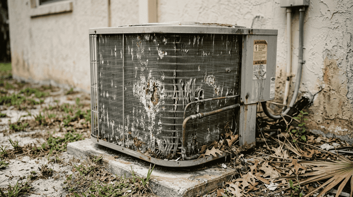 Corroded AC condenser coil close-up view