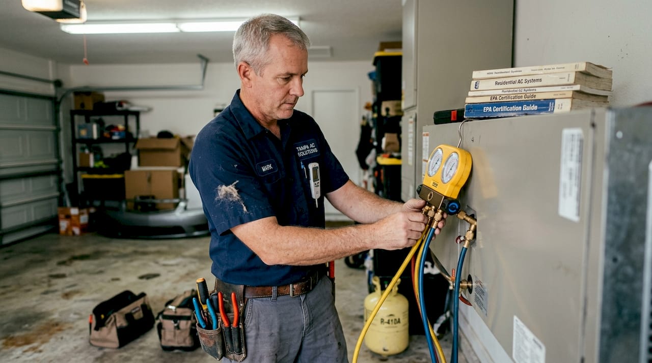 Technician using manifold gauges on AC air handler