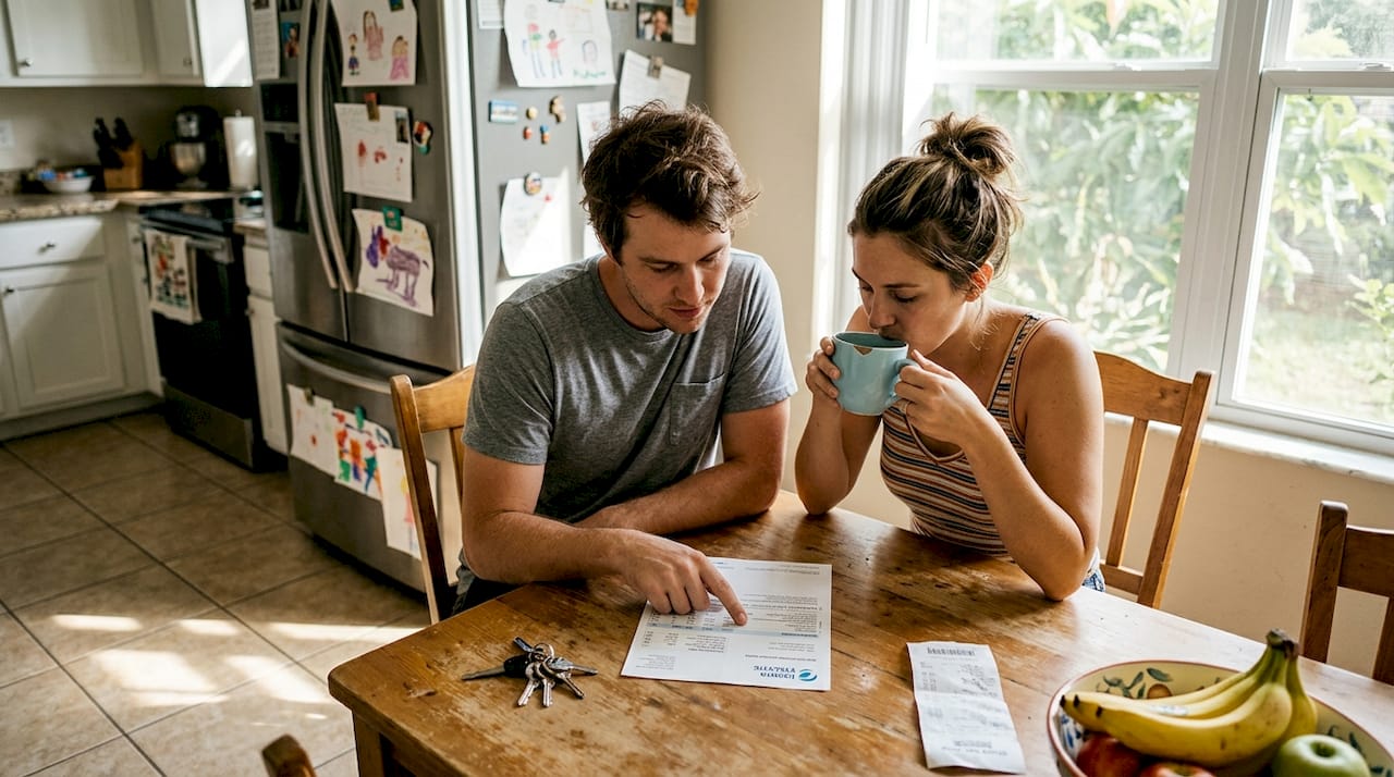 Couple reviews energy bill at kitchen table