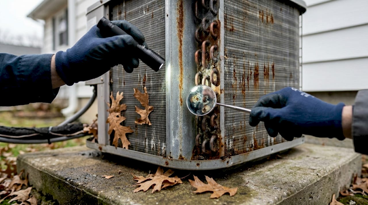 Technician inspecting corroded outdoor heating coils