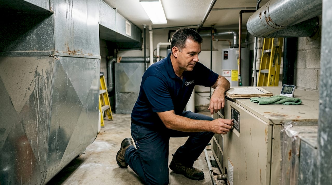 Technician servicing HVAC unit for humidity control