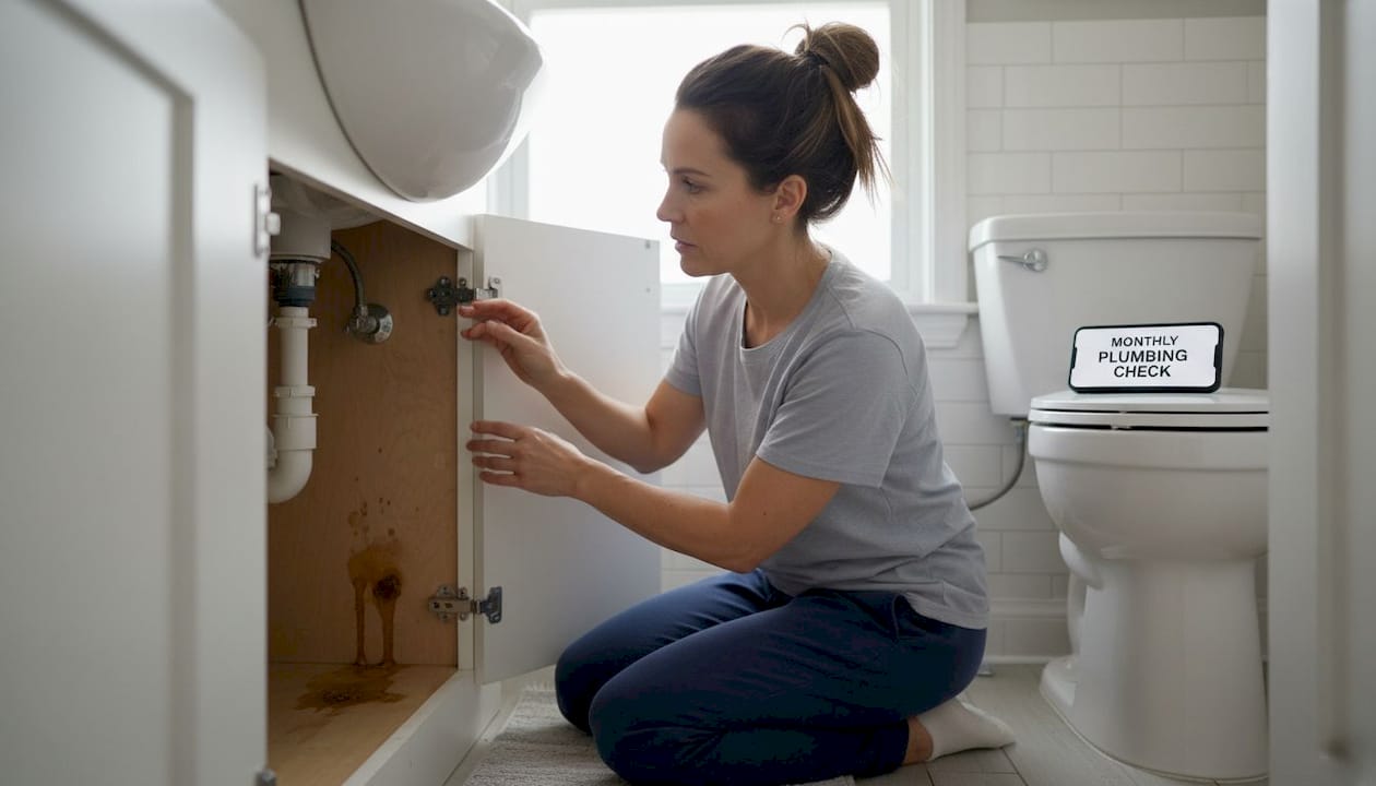 Woman inspecting under-sink plumbing for leaks