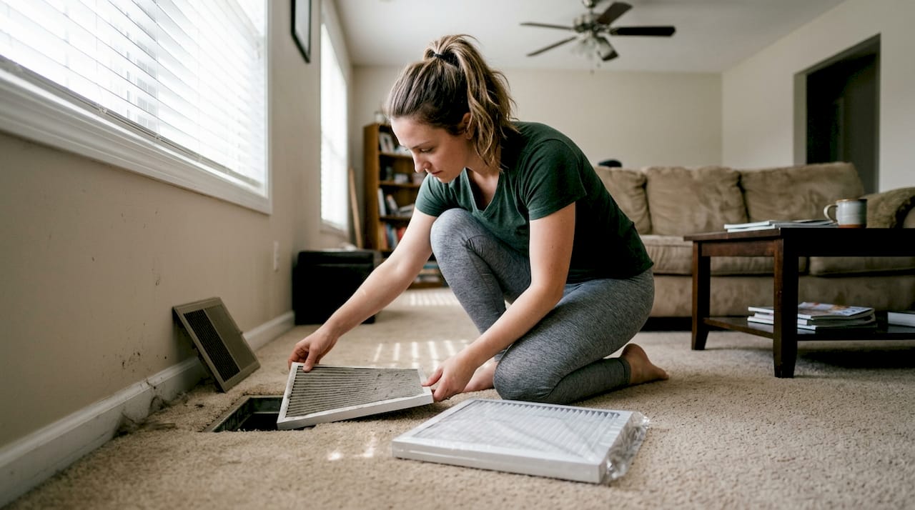 Person changes dusty HVAC filter at home