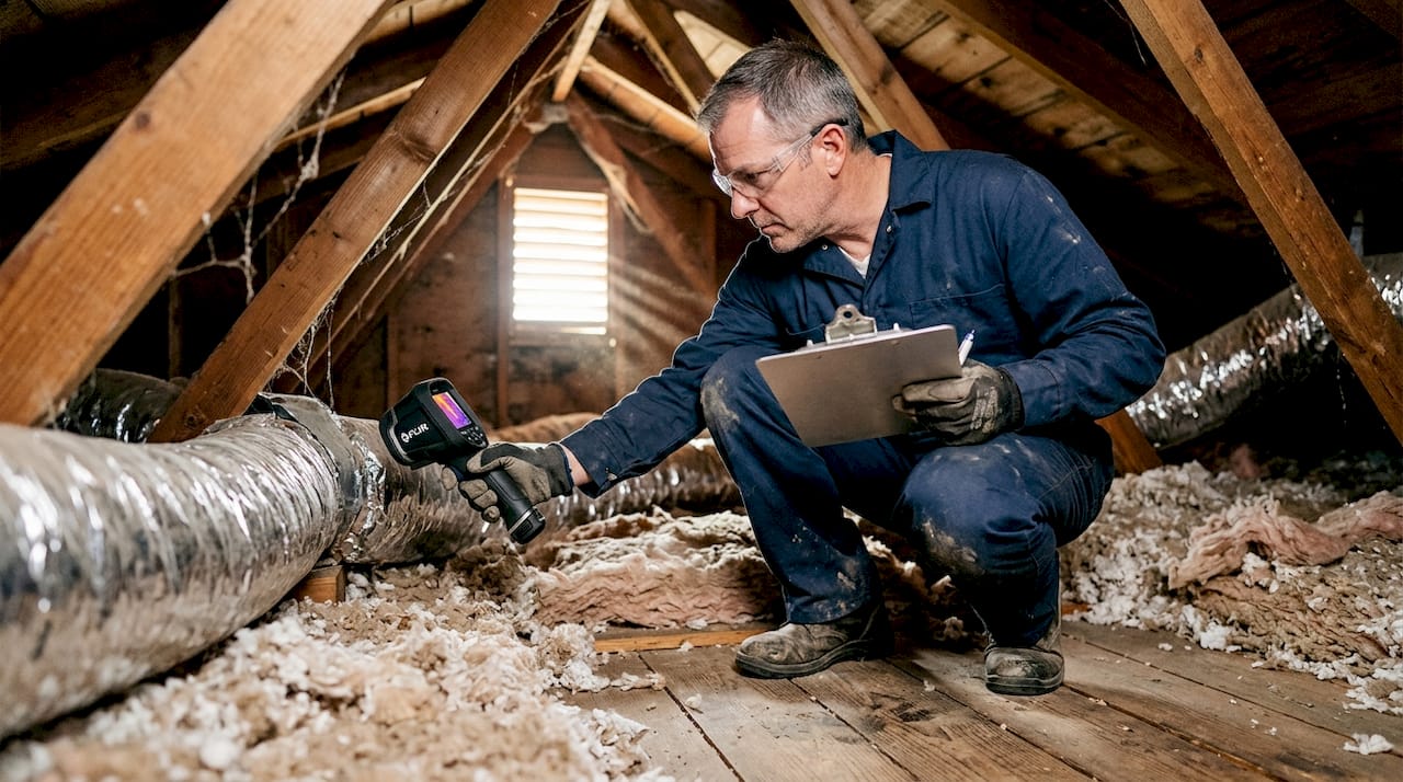 HVAC technician inspecting attic ductwork