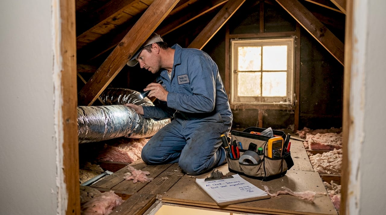 HVAC technician checking attic ductwork