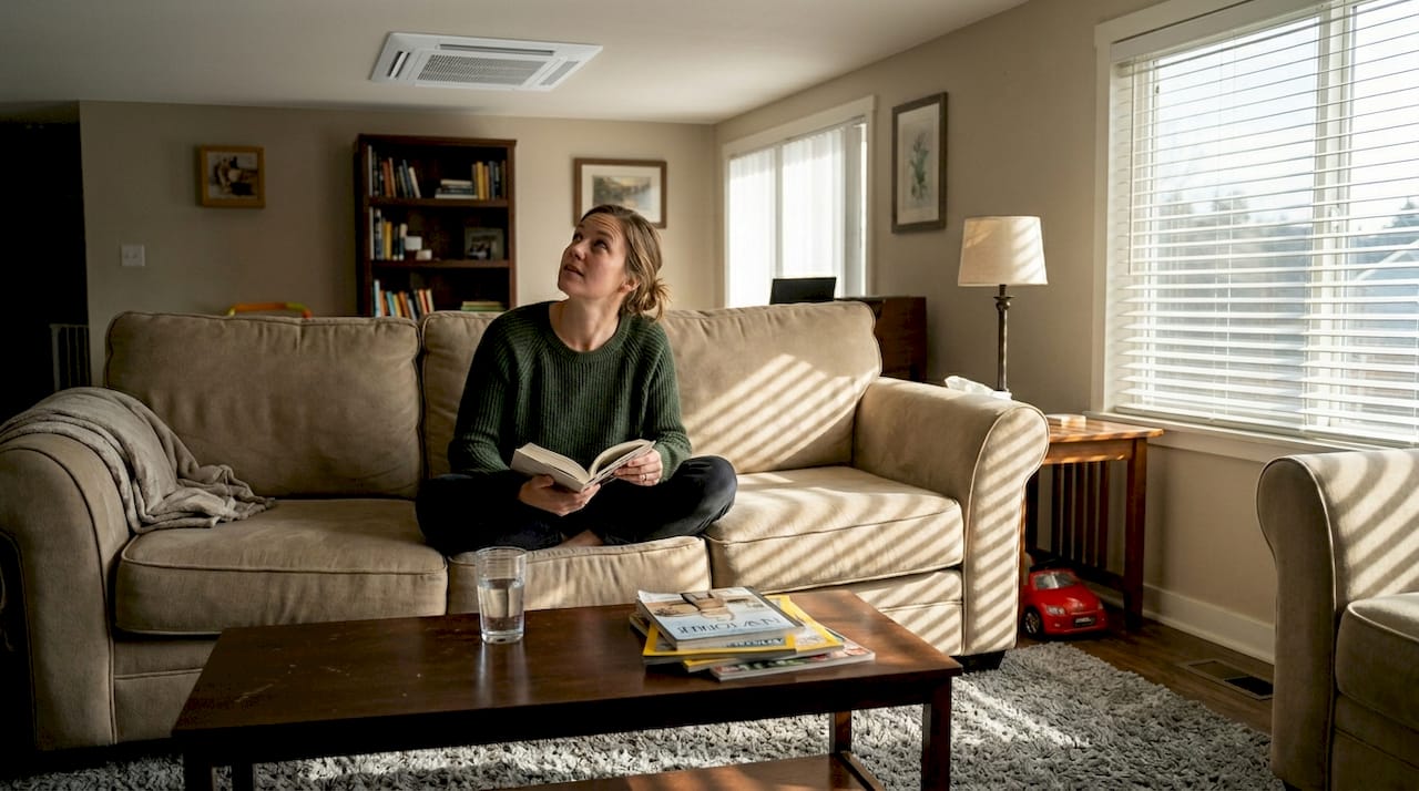 Woman observing HVAC vent in home living room