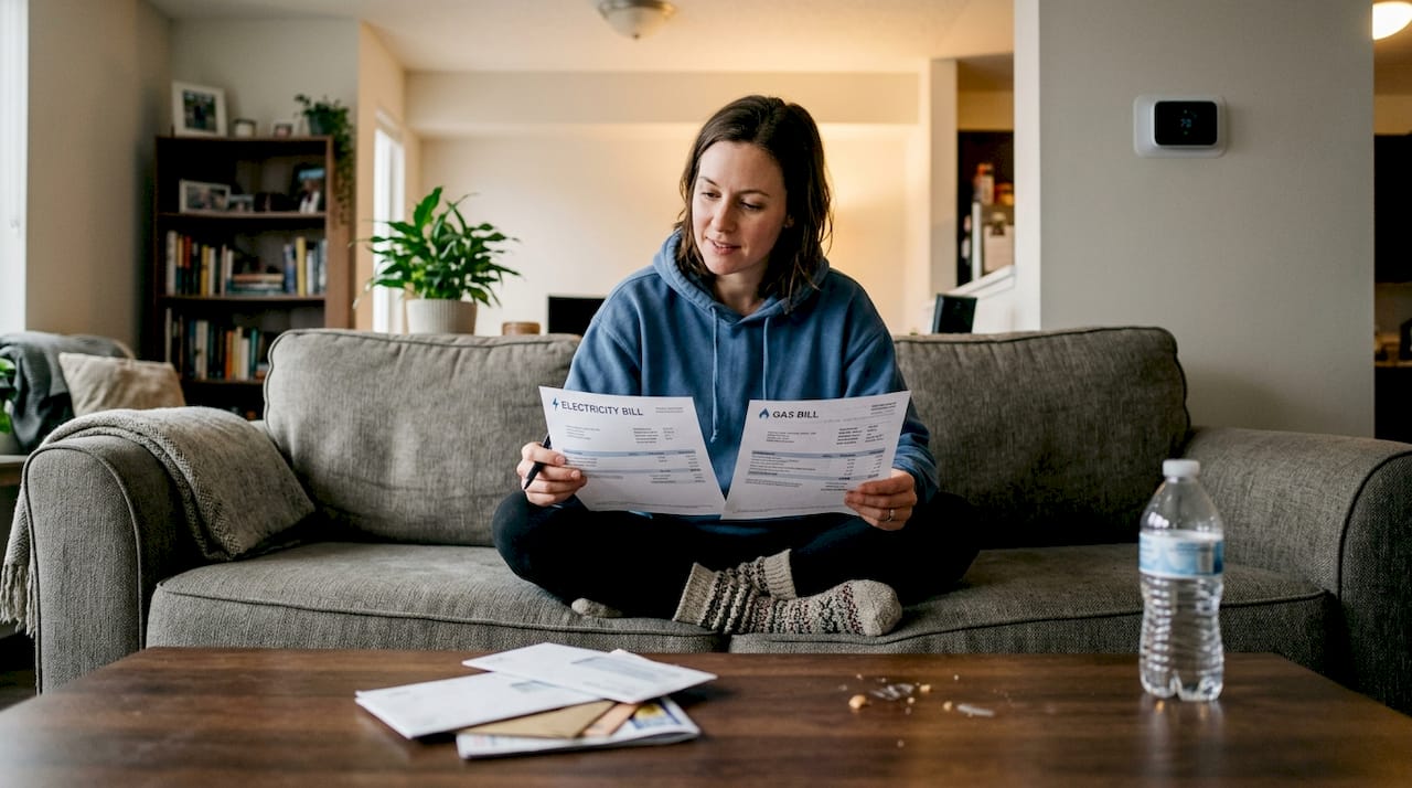 Homeowner comparing energy bills on living room couch
