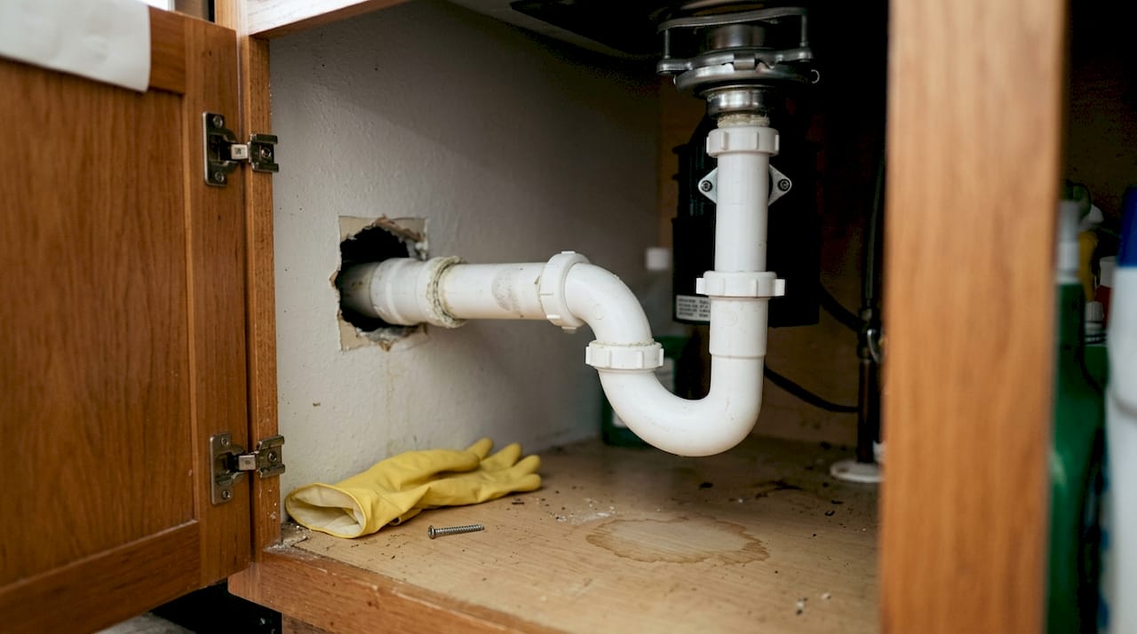 Close-up P-trap pipe under kitchen sink