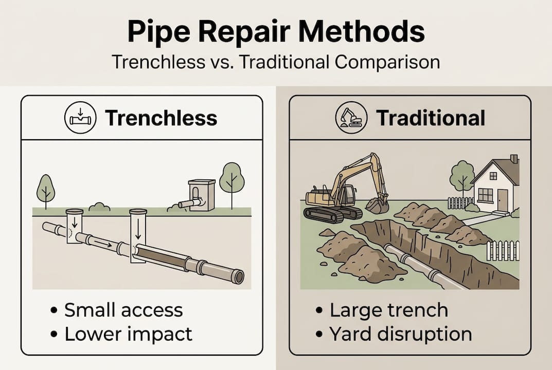 Infographic showing trenchless and traditional pipe repair comparison
