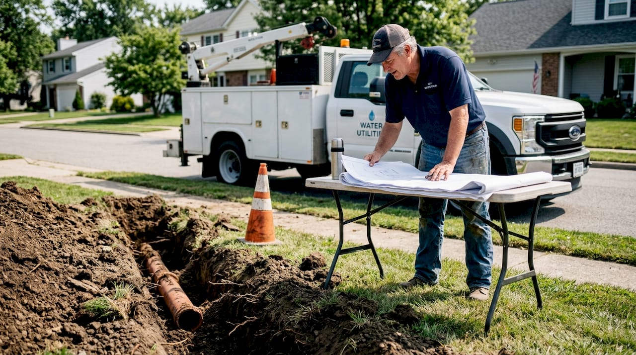Traditional trench pipe repair with excavation crew