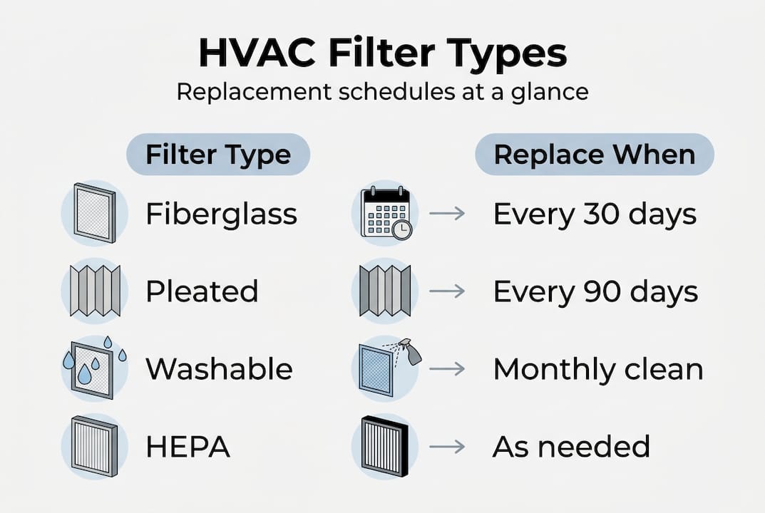 Infographic showing main HVAC filter types and schedules