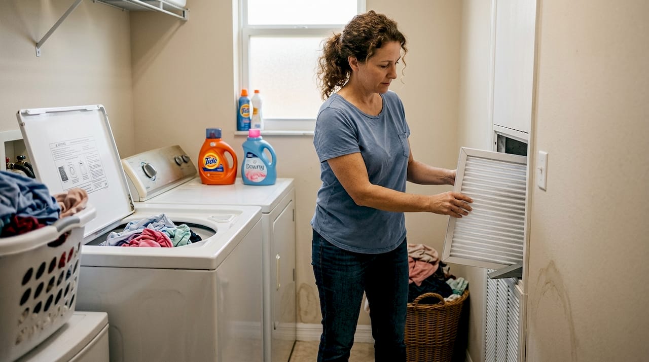 Homeowner replacing HVAC filter near laundry area