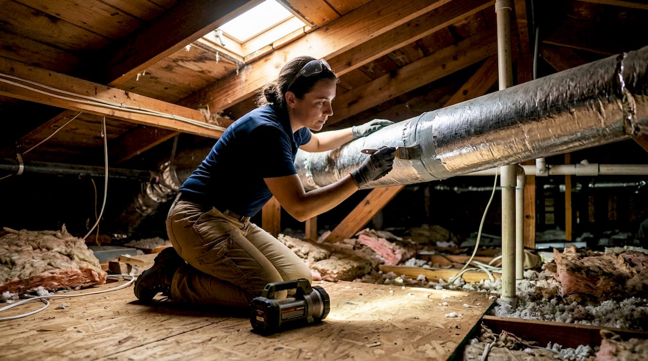 Technician sealing ductwork in attic