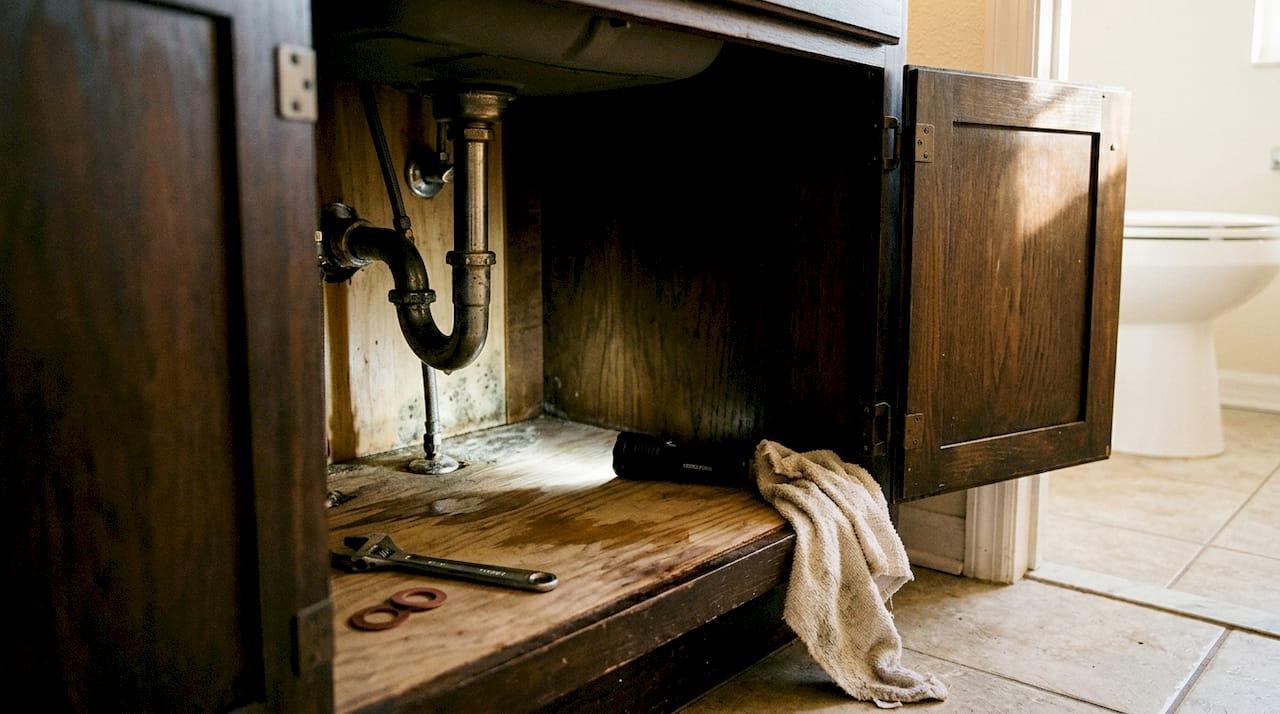 Water-stained cabinet under leaky bathroom sink